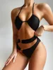 Roupa de banho feminina JRODIM Sexy Halter Thong Bikini Sets 2021 Black Ring Bandage Maiô Feminino Duas Peças Cintura Alta 4 Estilos Maiô