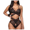 Sexy Women Cross Lace Wireless Bra Black Lingerie Thong Set Underwear -selling Vintage Solid Color Women's Panties