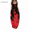 Wayoflove Red Leaf Vestido impreso Sexy Black Robe Vestidos Verano Sundresses Beach Party Vestidos Niñas Correa Maxi Vestido Mujeres 210602