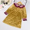 HE Hello Enjoy Toddler Girl Spring Dress 2020 Winter Golden Velvet Vêtements Broderie Bébé Filles Col Roulé Vêtements Petites Filles Q0716