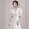 Eleganckie eleganckie jednopierierskie kobiety Długa sukienka z rękawem puffem Kobieta Sexy Split Vestidos Fashion Summer ES 210520