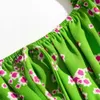 Moda Férias Split Mulheres Vestido Verão França Rosa Floral Impressão Verde Vestido Elegante Manga Curta Vestidos 210520