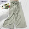 Neploe High Waist Hip Elastic Pants Women Bow Design Korean Candy Color Wide Leg Pantalones Sprinng Summer Trousers Mujer 210423