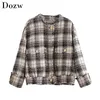 Automne Élégant Plaid Manteau Femmes O Cou Simple Poitrine Tweed Veste Gland Poches Mode Tops À Manches Longues Manteaux Dame Survêtement 210515