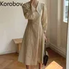 Korobov coreano chic minimalismo elegante solapa diseño de línea abierta es cintura delgada gran swing vestido de manga de soplo 210430