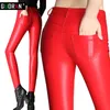 Высокие талии кожаные брюки женские PU леггинсы красный плюс размер зимний теплый тонкий тонкий повседневный карандаш брюки женские брюки 210519