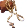 Colar de rosário de madeira Cruz de contas católicas religiosas colares