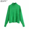 Zevity, suéter de punto informal de Color verde sólido con cuello falso para mujer, jerséis de manga larga básicos elegantes para mujer, Tops de marca SW900 211221