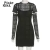 Zwart Mesh Plaid Jurk 3 Stuk Set Dark Academia Mall Goth Sexy Bodycon Mini Jurk Egirl Style Kleding P94-CH29 Y220304