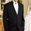 Черный жених смокинг с воротником для стойки 2 шт стройной подходит для мужчин для мужчин для свадьбы мужской мод набор куртки с штанами 2020 x0909