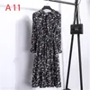 Otoño Mujer Vestido Vintage Bow Collar de manga larga Camisa de gasa Es Es Casual Negro Negro Floral Impreso Midi Vestidos 210522