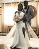 Düğün Afrika Denizkızı Elbiseleri Gelin Elbise Uzun Kollu Saten Yan Slit Dantel Aplike 2021 Zemin Uzunluğu Özel Yapım Kepçe Boyun Plus Boyut Boyut Boyut