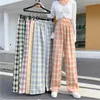 Kvinnors Check Wide Leg Plaid Byxor Hög Elastisk Midja Lösa Byxor För Tjejer Kläder 2XL Sommar Streetwear Kläder Lady 210925