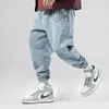 Mode Streetwear Men Jeans Loose Fit Retro Blå Casual Bomull Denim Cargo Pants Spliced ​​Designer Hip Hop Joggers Byxor