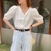 Summer Gentle V-Neck Hollow Out Girls Casual Sweet Basic OL Streetwear All Match Short Sleeves Florals Shirts 210525