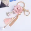 Fresh Fabric Pink Flower Tassel Chain Car Keychain Petal Imitation Pearls Exquisite Keyring Female Girl Bag Pendant Trinket Gift Keyfob
