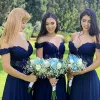2022 로얄 블루 신부 들러리 드레스 숄더 레이스 아플리케 웨이브 트레인 트레인 코르셋 백 하녀의 명예 가운 맞춤형 결혼식 파티 vestido