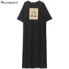 Tops en coton Plus Taille 7XL 6XL 5XL 4 XXXL Noir Maxi T-shirt Robe Femmes Summer Party Vintage Droite Casual Double Slit Robes 210323