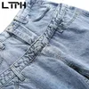Dubbellaags hoge taille splitsing denim broek gewassen do oude jeans vrouw rechte straatkleding split broek lente 210427