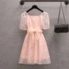 Мода летние женские сладкий квадратный воротник Цветы розовые шифоновые платья тонкий слойный рукав девушки кружевны мини-платья плюс размер 210518