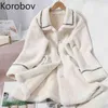 Korobov Korean Chic Outwear Thick Coats Autumn Winter New Vintage Turn-Down Collar Jackets Long Sleeve Fake Fur Pockets Coat 210430