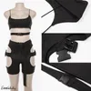 Sexy 2 Zwei Stück Set Frauen Neon Grün Crop Tops + Hosen Trainingsanzug Hohl Schnalle Biker Shorts Club Cool mädchen Kleidung Kleid