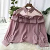 Ruffles Mesh Patchwork Women Shirts Solid Långärmad Office Lady Blouse Fashion Casual Transparent Blusa Toppar Femme 210422