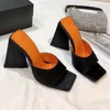 white silk square toes slippers chunky heels mini luxury designers slides summer shoes 10cm high heel women sandals ladies sandal305q