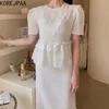 Korejpaa, conjuntos de vestido para mujer, verano, estilo coreano, Retro, elegante, texturizado, con volantes, microfalda y falda Midi de cintura alta, traje de falda de encaje 210526