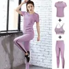 T-shirt a rete da yoga + reggiseno sexy + pantaloni a vita alta da donna Set da 3 pezzi Fitness Collant da palestra Completi da esterno Abbigliamento sportivo da corsa