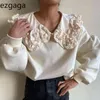 Ezgaga Sweat Femmes Coréen Chic Vintage Col Rabattu Plissé Lâche Outwear Sweat Élégant Fleur Pull Casual 210430