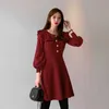 Elegant Lantern Sleeve A-line Knitted Dress Temperament Ruffles Neck High Quality Sweater Women Autumn Winter 210529