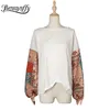 Biały Druku Batwing Rękaw Loose T-shirt Kobiety Jesień Boho Kolor Blok Okrągły Neck Long Casual T Shirt TOP 210510