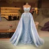 Light Sky Blue 2024 Mermaid Prom Dresses With Detachable Train Lace Appliqued Beaded Evening Wear Formal Party Gowns