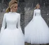 Long Sleeves Muslim Wedding Dress Elegant High Neck Lace Satin Tulle Floor Length Ball Gown Bridal Dresses Gowns