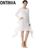 Mulheres escuras azul e branco cor irregular joelho comprimento vestido flare manga longa elegante magro fit outono inverno vintage vestidos 210527