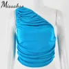 Missakso Sexy Skinny One Shoulder Ruched Crop Top Summer Women Casual Blue Backless Tank Tops Sleeveless T Shirts Party 210625