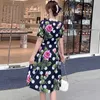 Kant patchwork v-hals korte mouw zomer ontwerper runway dot print jurk vrouwen mode knielengte casual vakantie vestidos 210601