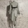 Twotyle froncé irrégulier deux pièces ensemble pour femmes crantée à manches longues à lacets haut taille haute jupe costume femme 210730