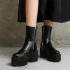 Mittlere Wadenstiefel Damenschuhe Reißverschluss Plattform High Heel Damen Runde Zehe Blockabsätze Mode Weiblich Schwarz 43 210517