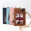 10 Colors Simple Solid Korean Shaped Named Card Holder Identity Badge with Lanyard PU Neck Strap Card Bus ID Card Holders