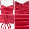 Articat Summer Lace Ruched Mini Dresses for Women 2021 Sexig Drawstring Backless Slim Dress Clubwear Ladies Ärmlös Vestidos Y0603