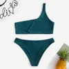 Sexy Women Swimwear One Shoulder Bikini Top and Bottoms Biquini Set Bathing Suits Wire Free Bralette Beach Female Swimsuit 210625