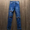 Pojkar Mens Fashion Blue Ripped Skinny Stretch Biker Zipper Jeans Pant Byxor X0621