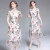 Women Summer Designer Elegant Embroidered Sexy V Neck Cocktail Party Robe Ladies Vintage Mesh Mid-Calf Dress Vestidos 210525