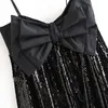 Women Stylish Sleeveless Sequins Mini Dress Bow Decorate Spaghetti Strap Sexy Lady Dresses Black Color Loose Sundress Ropa Mujer 210515