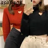 Solid Long Sleeve Red Turtleneck Pullovers Sweater Women Loose Love Heart Hollow Out Knitted Top Short Chic Fashion Korean Pull 210610