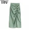 TRAF femmes Vintage élégant à pois plissé jupe mi-longue mode taille élastique côté fermeture éclair fente femme jupes Chic Faldas Mujer 210621