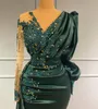 Dark Green V Neck Evening Dresses Party Wear Satin Crystal Long Sleeves Mermaid Prom Dress Custom Made Women Formal Gowns