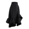 Drawstring Black Asymmetrisk kjol för kvinnor Hög midja Patchwork Ruffle Midi Kjolar Kvinnligt Fashion 210521